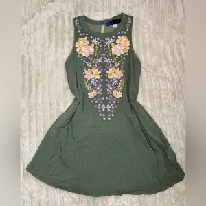 Blue Rain Olive Green Floral Embroidered Sleeveless Dress